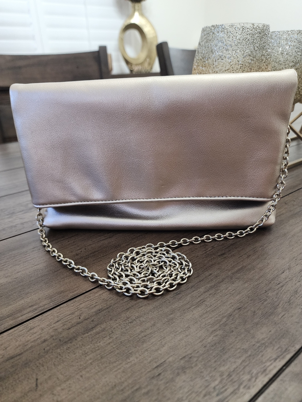 Kellie & Katie Metallic Gold Fold-Over Clutch with Chain Strap
